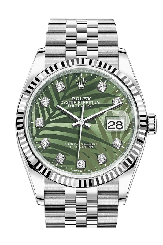 Rolex Watches – For the Discerning Collector –Rolex Datejust 36 Olive Green Palm Motif Diamond Dial Fluted Watch Jubilee 126234