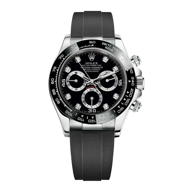 Rolex Watches – For the Discerning Collector –Rolex Cosmograph Daytona 40mm - Ref: 116519LN bkdof - Black Diamond Dial & Ceramic Bezel, 18K White Gold Case Black Oysterflex Bracelet Men's Watch