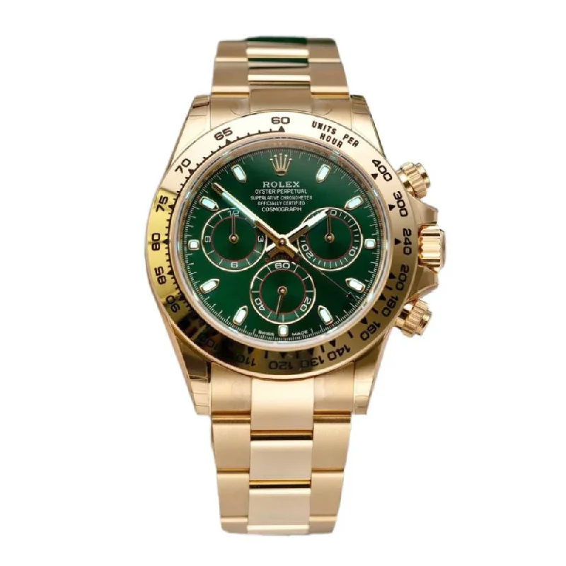 Shop Timeless Rolex Watches Now –Rolex Cosmograph Daytona 40mm - Ref: 116508-0013 - Green Index Dial with Red Accents, 18K Yellow Gold Oyster Bracelet Men's Watch