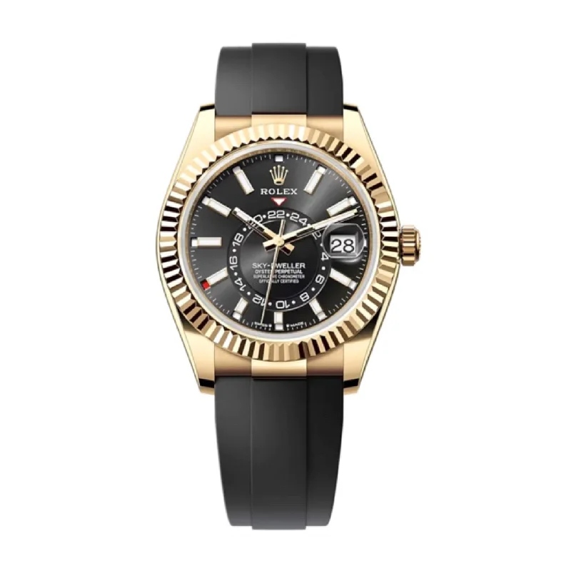 Shop Rolex Watches for Men and Women Today –Rolex Sky-Dweller 42mm - Ref: 336238 - Bright Black Stick Dial & 18K Yellow Gold Case, Black Oysterflex Bracelet Watch