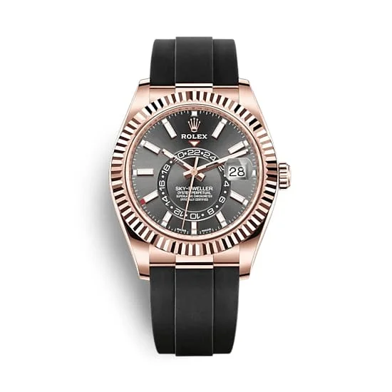 Iconic Rolex Watches Now Available –Rolex Sky-Dweller 42mm - Ref: 326235-0006 - Slate Grey Stick Dial & 18K Rose Gold Case, Black Oysterflex Bracelet Watch