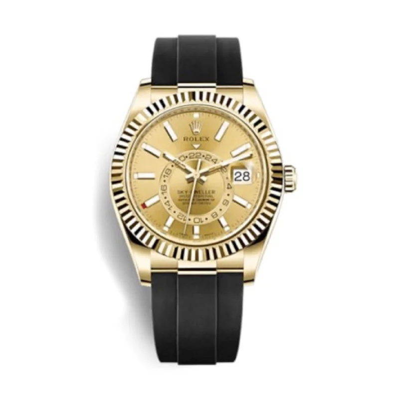 Exquisite Rolex Watches for the Modern Gentleman –Rolex Sky-Dweller 42mm - Ref: 326238-0007 - Champagne Stick Dial & 18K Yellow Gold Case, Black Oysterflex Bracelet Watch