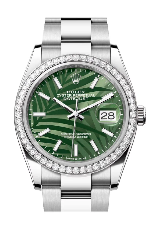 Shop Limited Edition Rolex Watches –Rolex Datejust 36 Green Palm Motif Dial Diamond Bezel Watch 126284RBR 126284RBR-0040