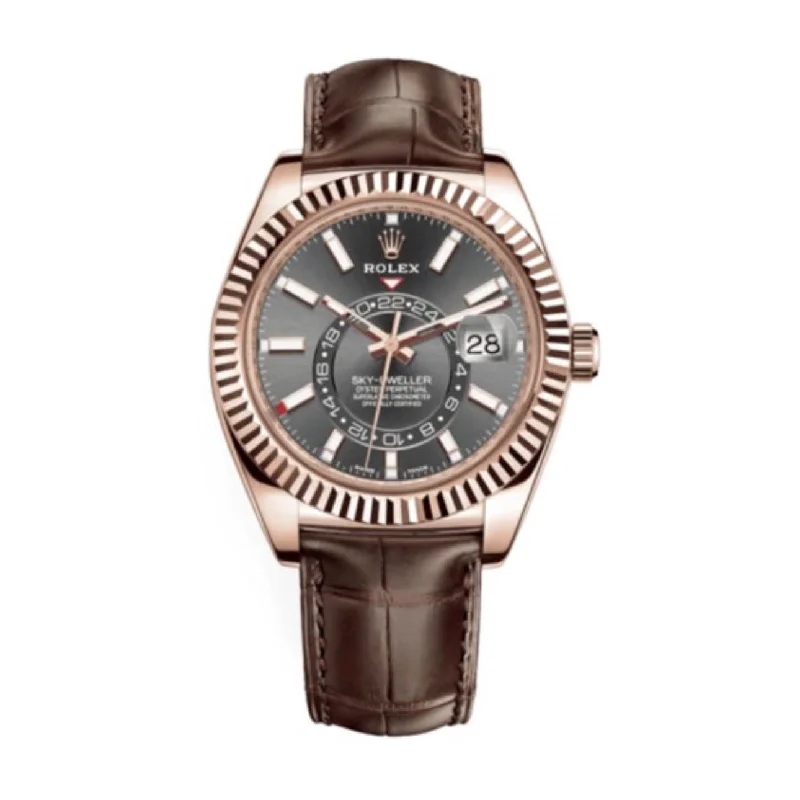 Find Your Perfect Rolex Watch –Rolex Sky-Dweller 42mm - Ref: 326135-0008 - Dark Rhodium Stick Dial, 18K Rose Gold & Brown Leather Strap Watch