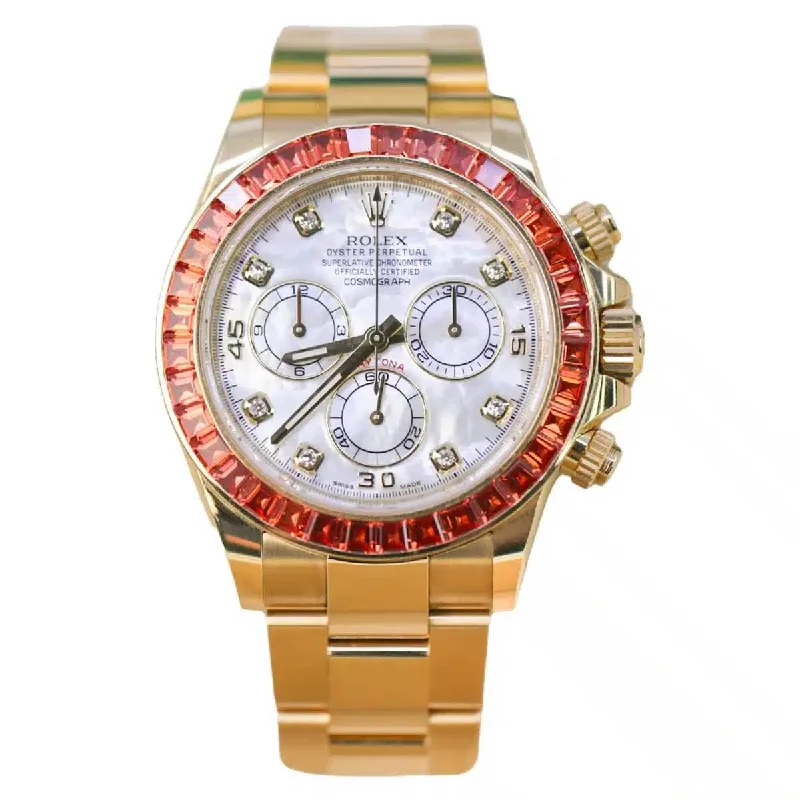 Rolex Watches – Luxury in Every Moment –Rolex Cosmograph Daytona "Saco" 40mm - Ref: 116578SACO - White Mother of Pearl Diamond Dial & Orange Sapphire Bezel, 18K Yellow Gold Oyster Bracelet Men's Watch