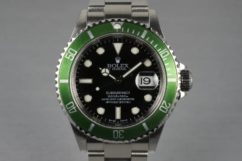 Rolex Watches: For a Life Well Lived –2005 Rolex Green Submariner 16610V with Box and Papers