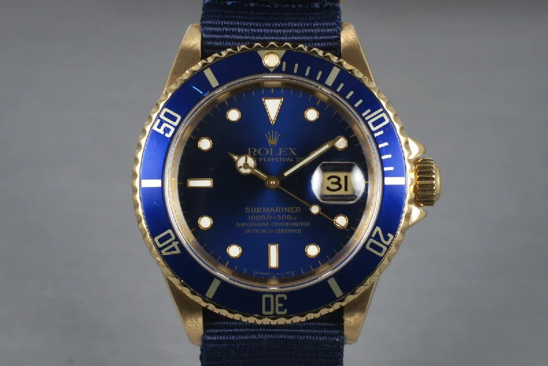 The Luxury of Rolex Watches Awaits –1991 Rolex 18K Blue Submariner 16618 with Box and Papers