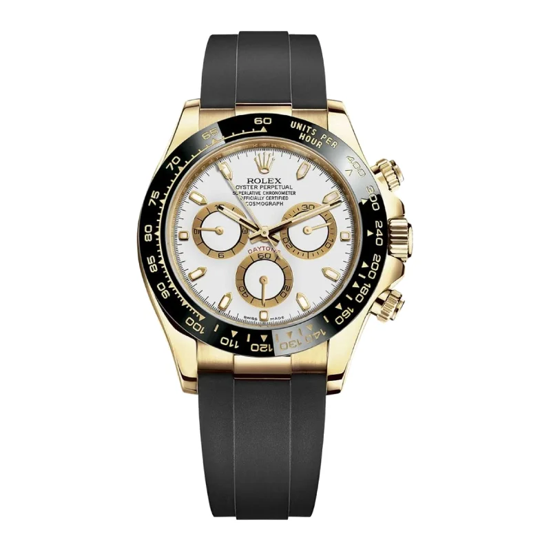 Rolex Watches for Ultimate Style and Function –Rolex Cosmograph Daytona 40mm - Ref: 116518ln-0041 - White Index Dial & Ceramic Bezel, 18K Yellow Gold Case Black Oysterflex Bracelet Men's Watch