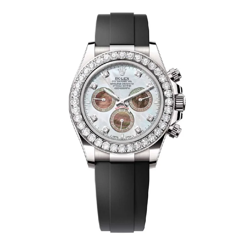 Discover Rolex Watches for Every Lifestyle –Rolex Cosmograph Daytona 40mm - Ref: 126589rbr-0001 - White & Black Mother of Pearl Diamond Dial & Diamond Bezel, 18K White Gold Case Black Oysterflex Bracelet Men's Watch